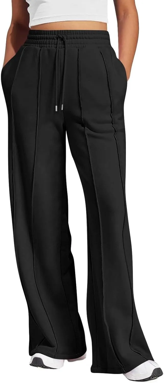 Straight Leg Sweatpants Women Baggy High Rise Elastic Waist Workout Pants with Pockets Stretchy Athletic Pants