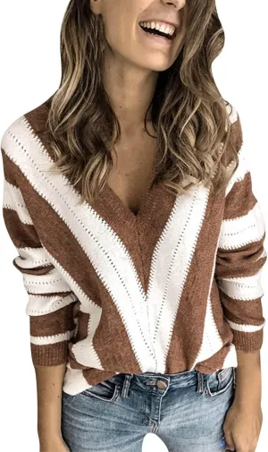 Striped Sweater Women Chunky Knit Sweater Deep V Neck Long Sleeve Pullovers Top Loose Fit Oversized Sweater S-2XL