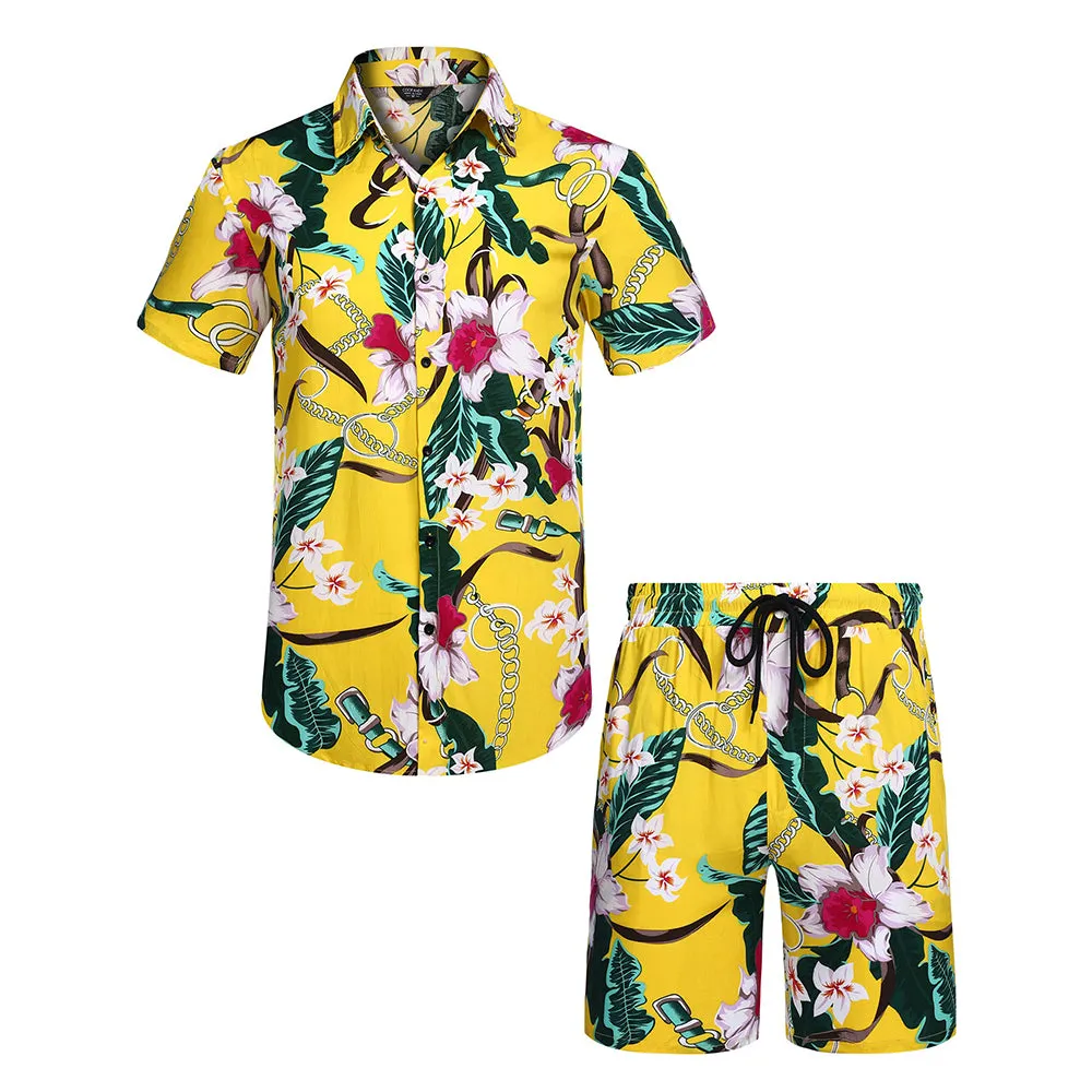 Summer Beach 2 Piece Outfits Flower Shirt Tracksuits for Men