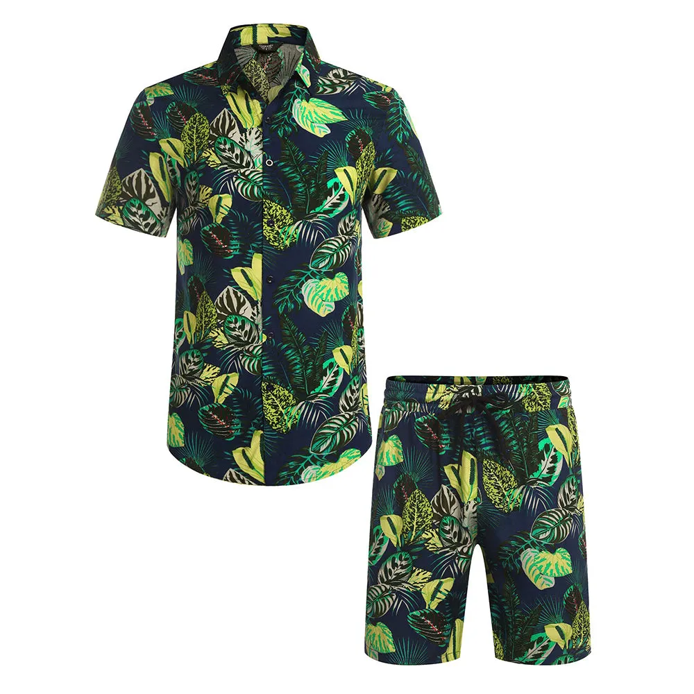 Summer Beach 2 Piece Outfits Flower Shirt Tracksuits for Men