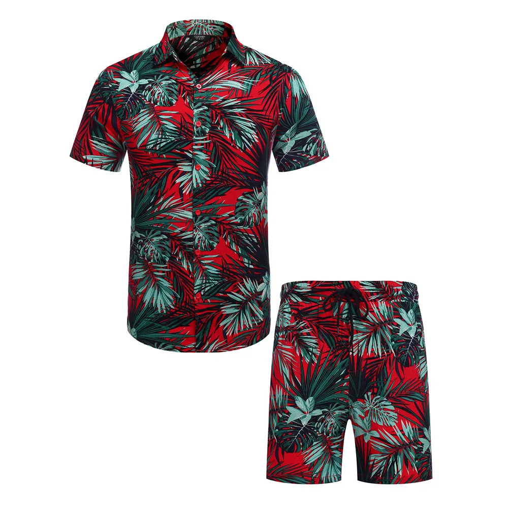 Summer Beach 2 Piece Outfits Flower Shirt Tracksuits for Men
