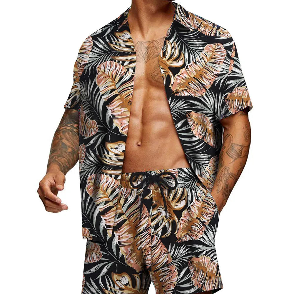 Summer Beach 2 Piece Outfits Flower Shirt Tracksuits for Men