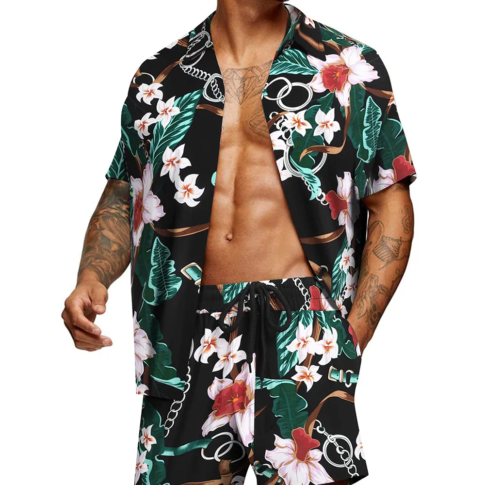 Summer Beach 2 Piece Outfits Flower Shirt Tracksuits for Men