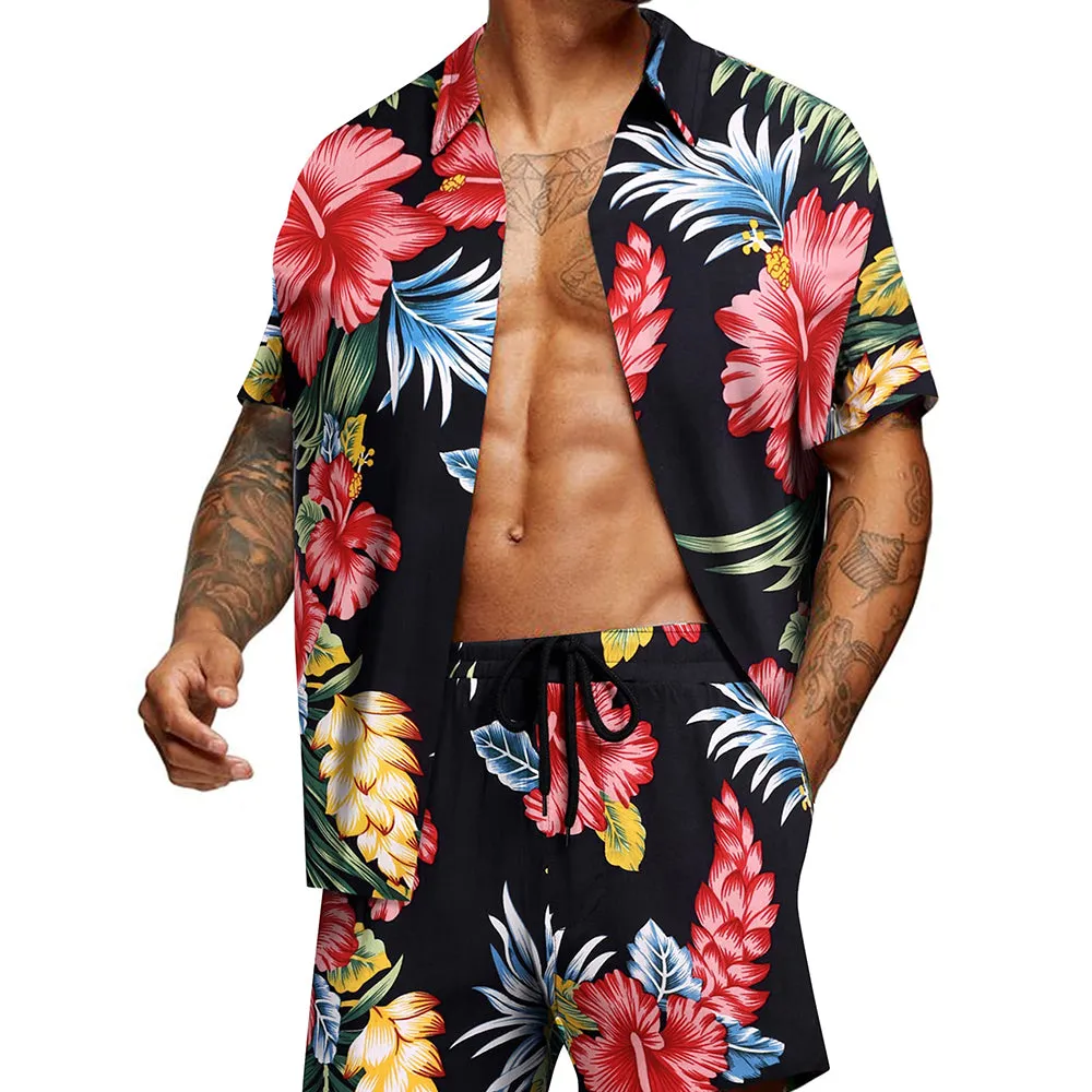 Summer Beach 2 Piece Outfits Flower Shirt Tracksuits for Men