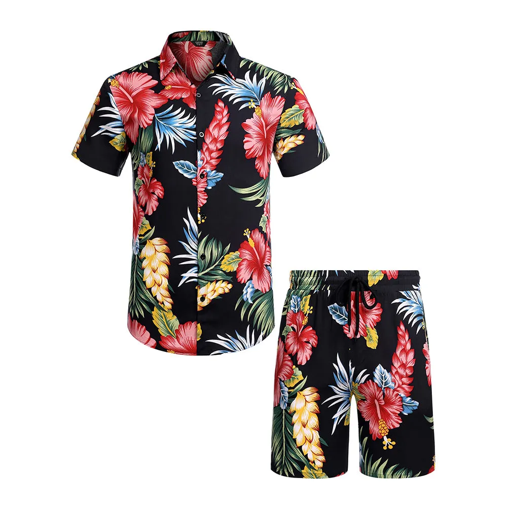 Summer Beach 2 Piece Outfits Flower Shirt Tracksuits for Men