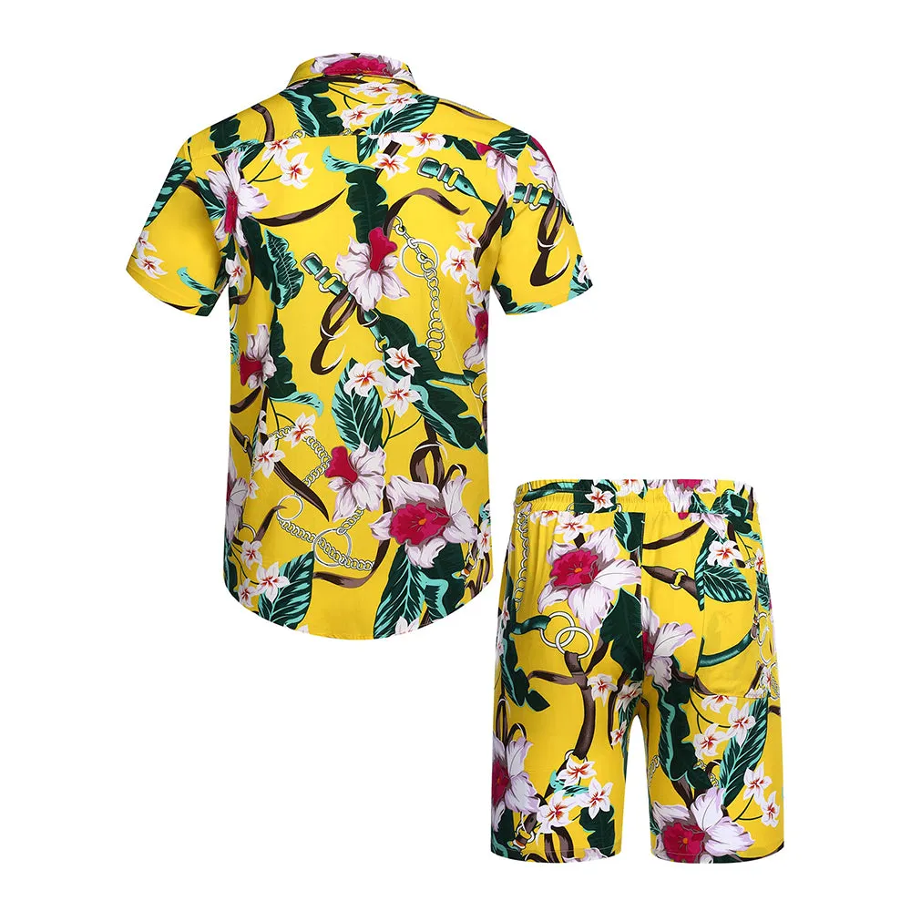 Summer Beach 2 Piece Outfits Flower Shirt Tracksuits for Men
