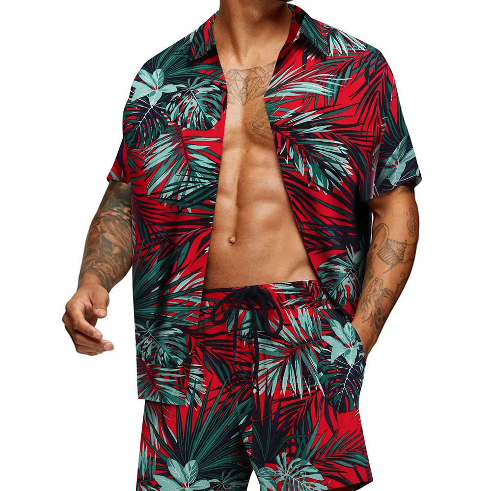 Summer Beach 2 Piece Outfits Flower Shirt Tracksuits for Men