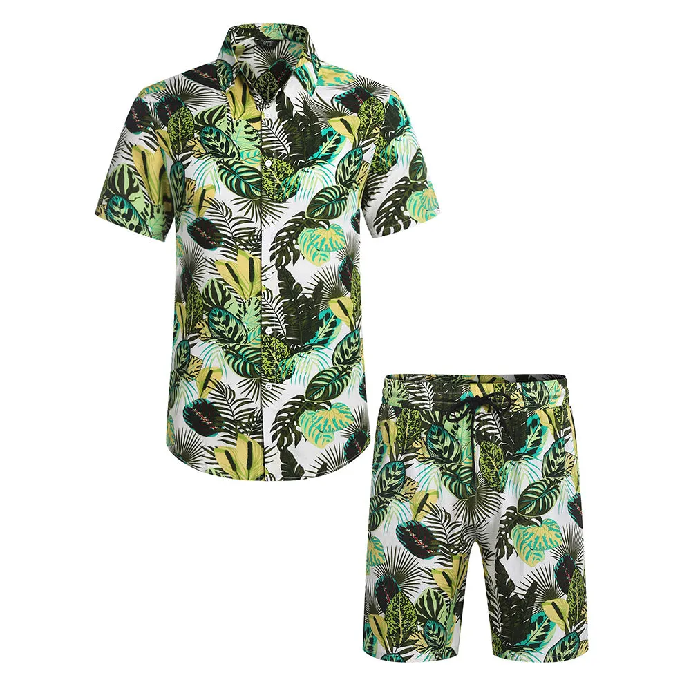 Summer Beach 2 Piece Outfits Flower Shirt Tracksuits for Men