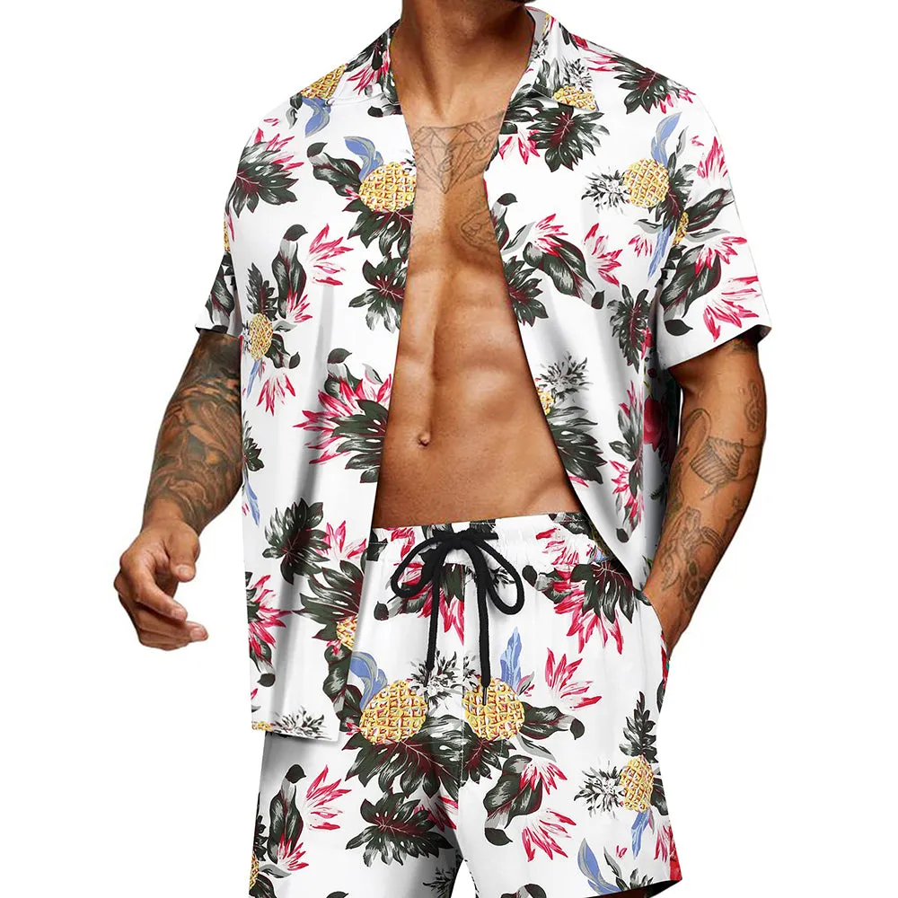 Summer Beach 2 Piece Outfits Flower Shirt Tracksuits for Men