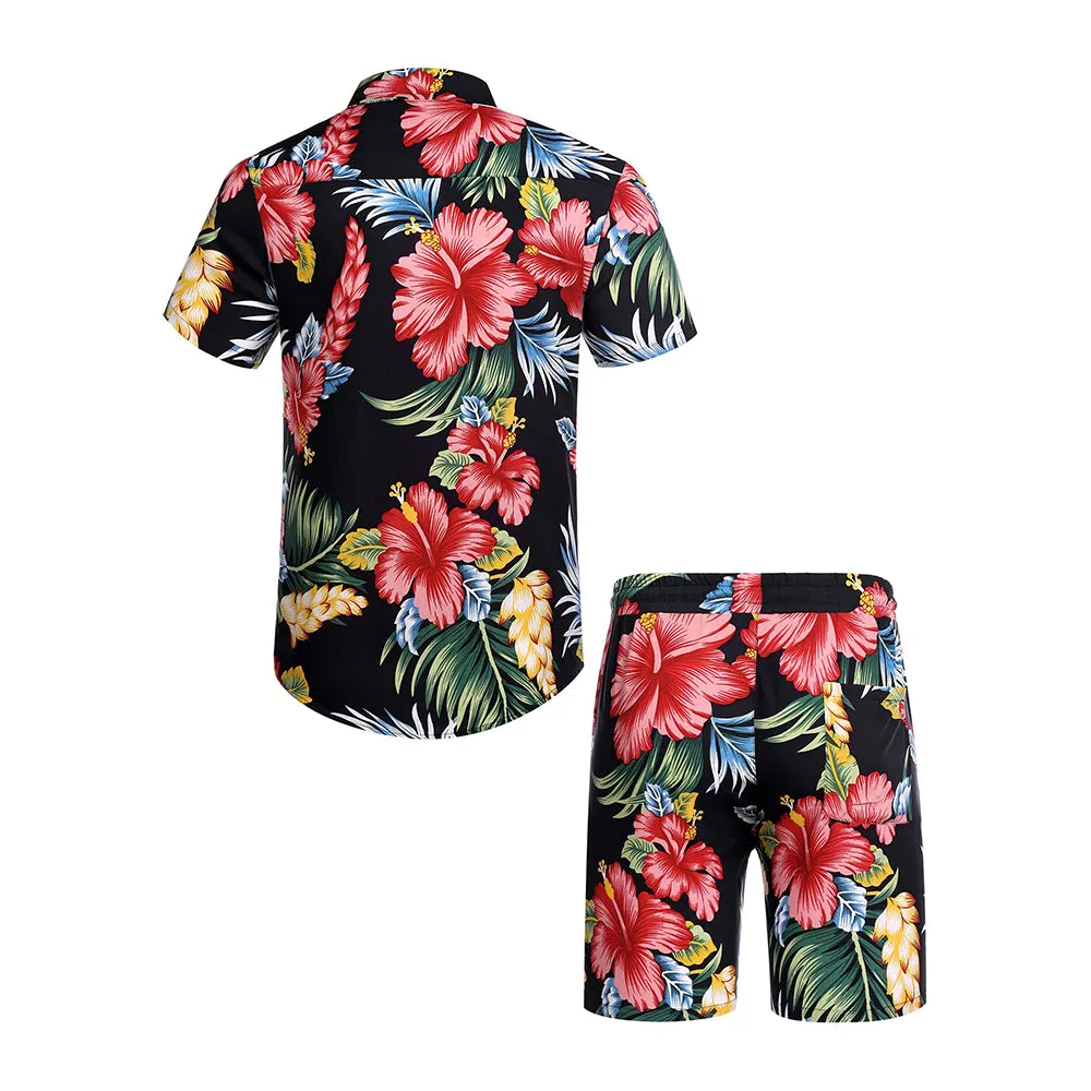 Summer Beach 2 Piece Outfits Flower Shirt Tracksuits for Men