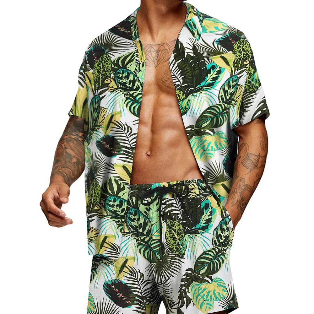 Summer Beach 2 Piece Outfits Flower Shirt Tracksuits for Men