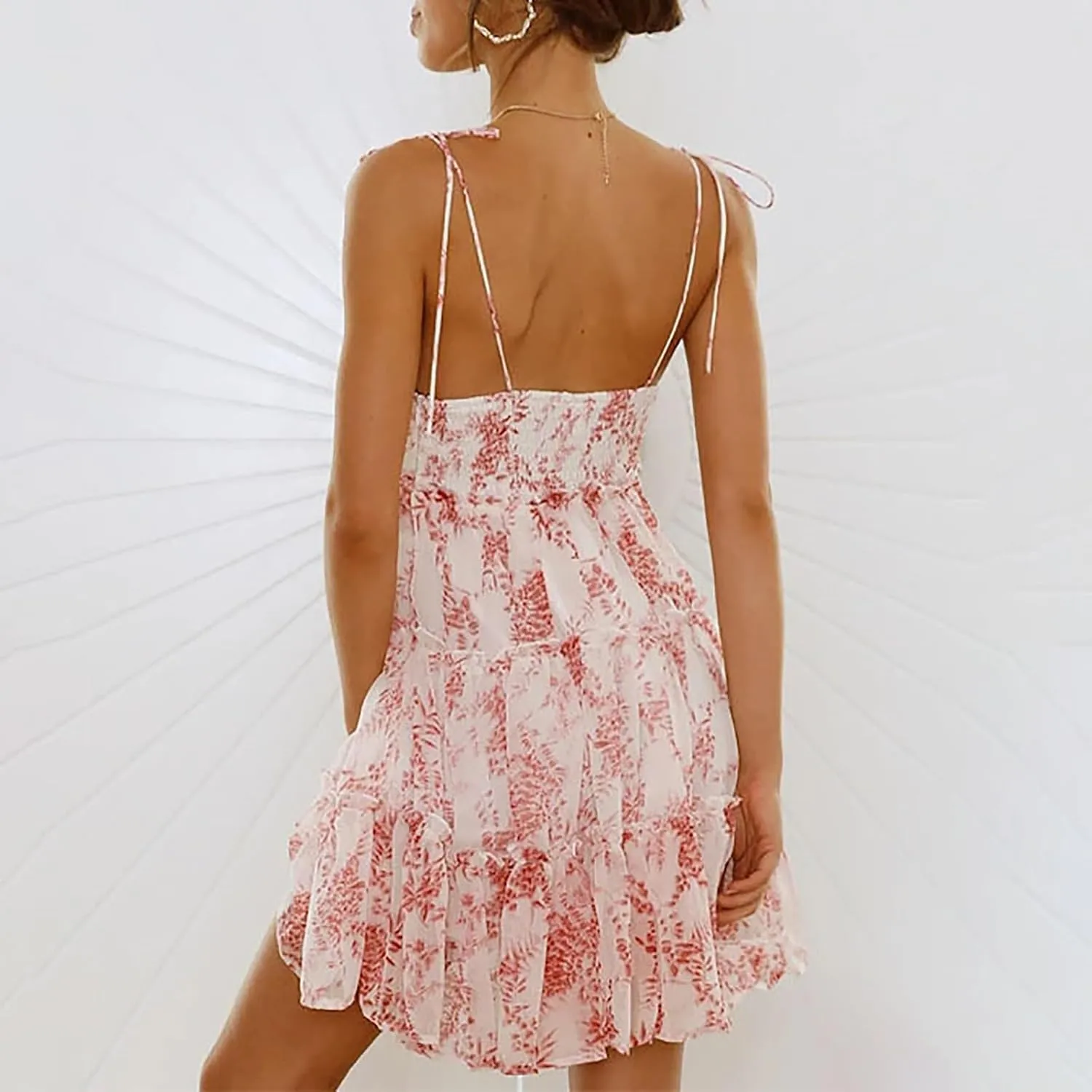 Summer Dresses for Teens 2025 Cute Spaghetti Strap Backless Floral Mini Dress Flowy Vacation Tiered Ruffle Sundress