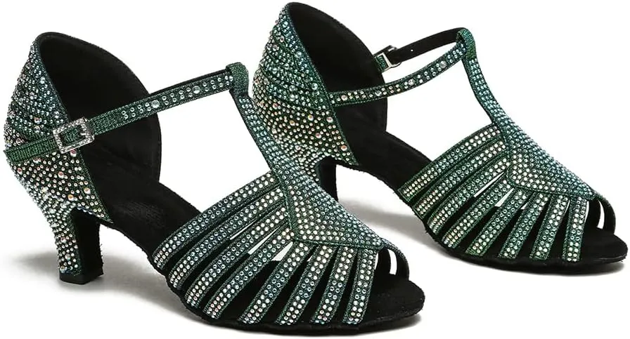 SWDZM Latin Dance Shoes for Women Rhinestone Ballroom Salsa Bachata Practice Dance Shoes,Model L558