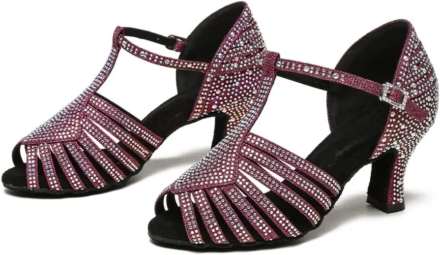 SWDZM Latin Dance Shoes for Women Rhinestone Ballroom Salsa Bachata Practice Dance Shoes,Model L558