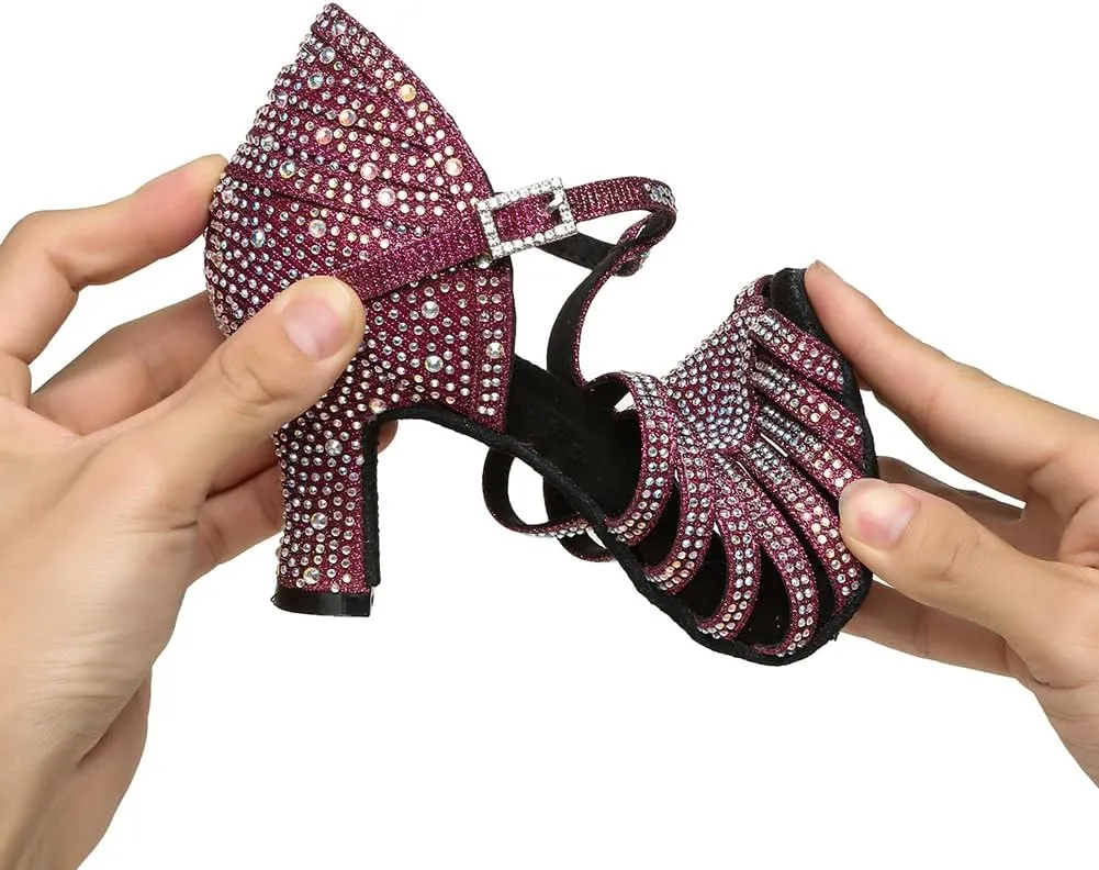 SWDZM Latin Dance Shoes for Women Rhinestone Ballroom Salsa Bachata Practice Dance Shoes,Model L558
