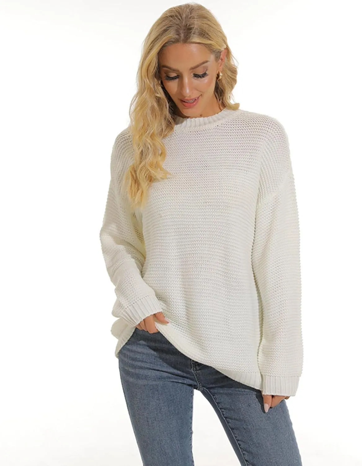 Sweaters for Women Chunky Knit Solid Color Crew Neck Long Sleeve Soft Lightweight Casual Jumper Tops