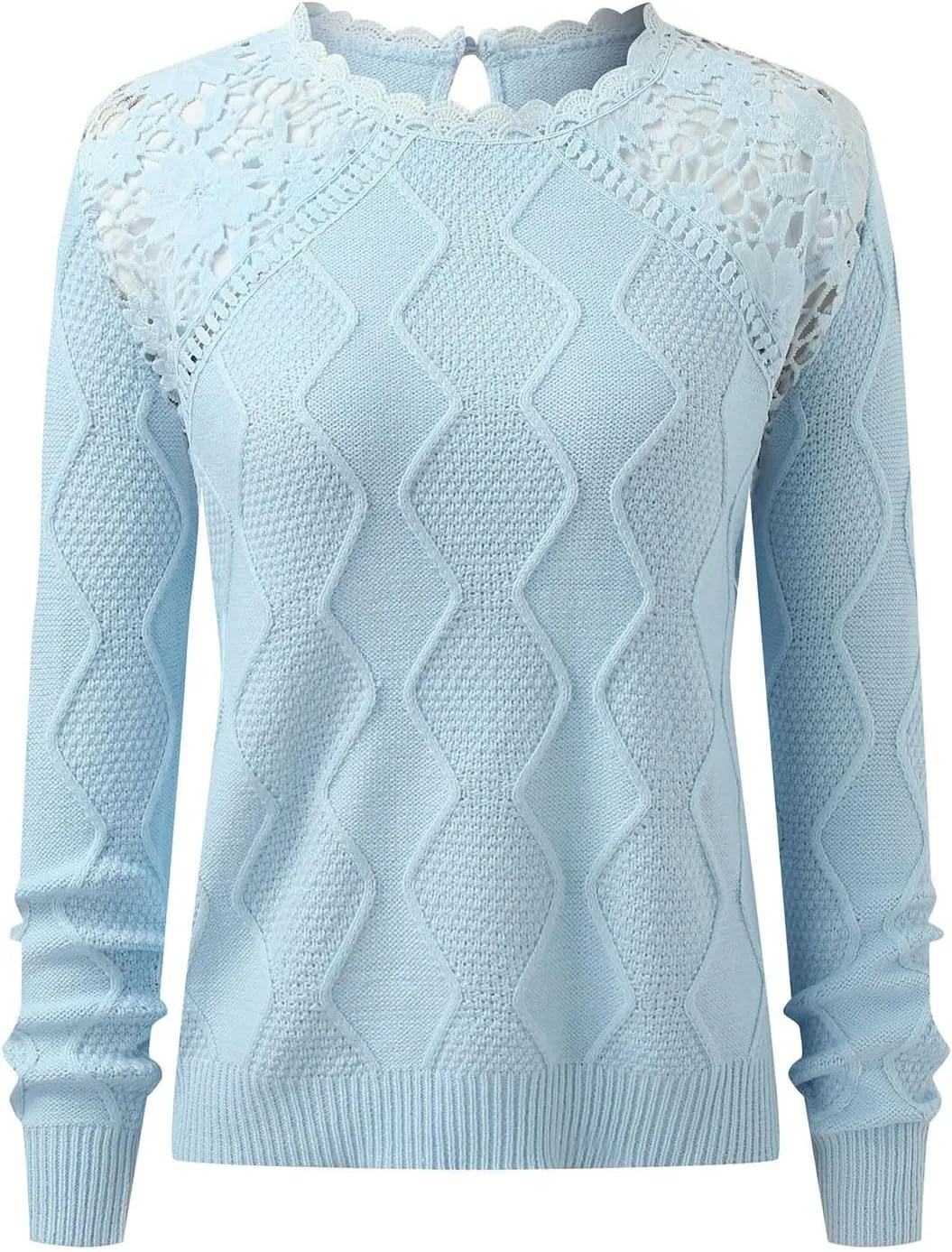 Sweaters for Women Trendy Chunky Lace Knit Solid Color Crew Neck Long Sleeve Casual Loose Fit Soft Pullover Tops