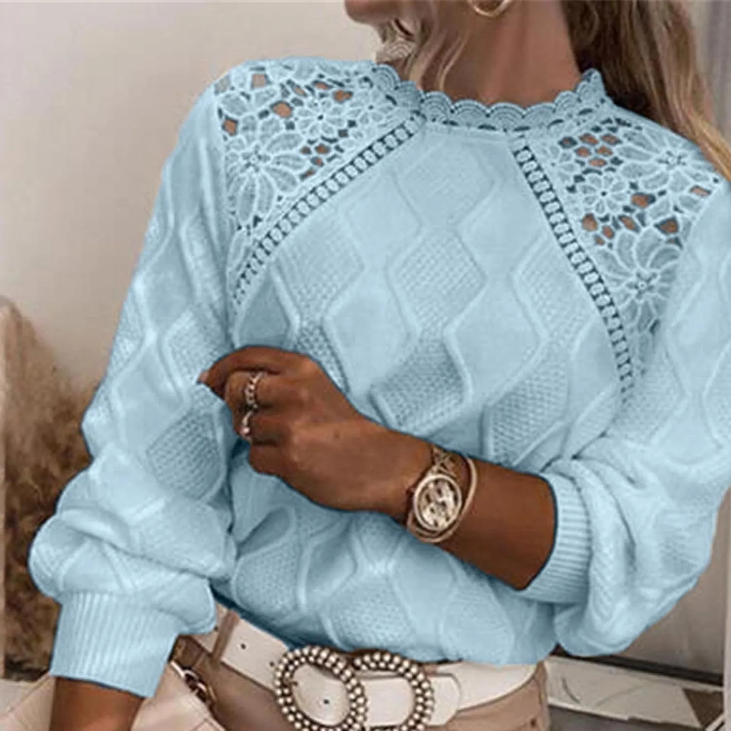 Sweaters for Women Trendy Chunky Lace Knit Solid Color Crew Neck Long Sleeve Casual Loose Fit Soft Pullover Tops