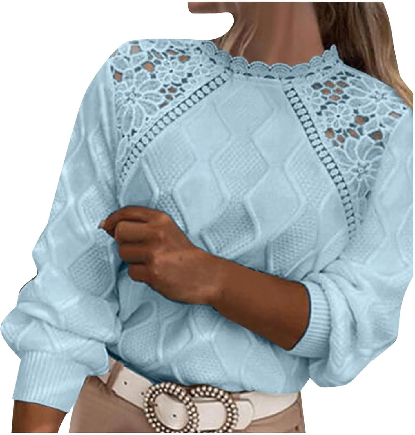 Sweaters for Women Trendy Chunky Lace Knit Solid Color Crew Neck Long Sleeve Casual Loose Fit Soft Pullover Tops