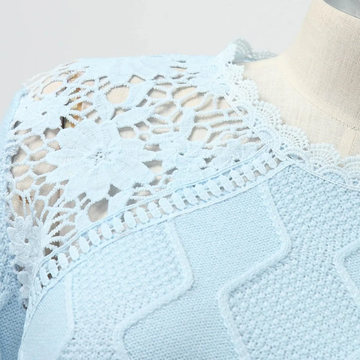 Sweaters for Women Trendy Chunky Lace Knit Solid Color Crew Neck Long Sleeve Casual Loose Fit Soft Pullover Tops