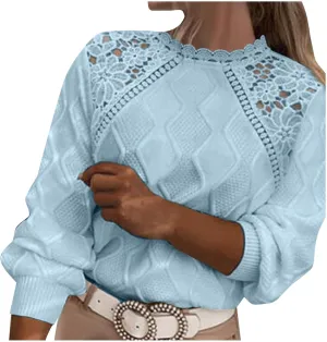 Sweaters for Women Trendy Chunky Lace Knit Solid Color Crew Neck Long Sleeve Casual Loose Fit Soft Pullover Tops