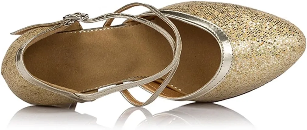 TDA Women's Closed Toe Ankle Strap Glitter Synthetic Tango Latin Modern Dance Wedding Shoes