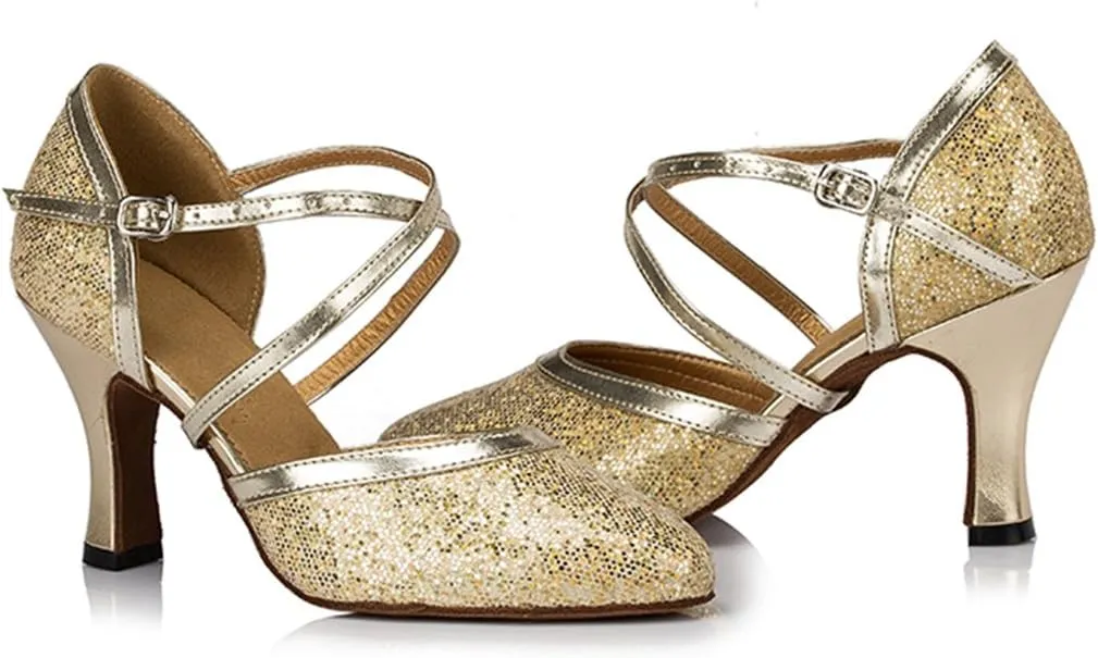TDA Women's Closed Toe Ankle Strap Glitter Synthetic Tango Latin Modern Dance Wedding Shoes