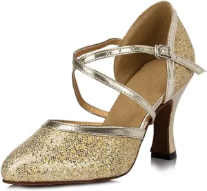 TDA Women's Closed Toe Ankle Strap Glitter Synthetic Tango Latin Modern Dance Wedding Shoes