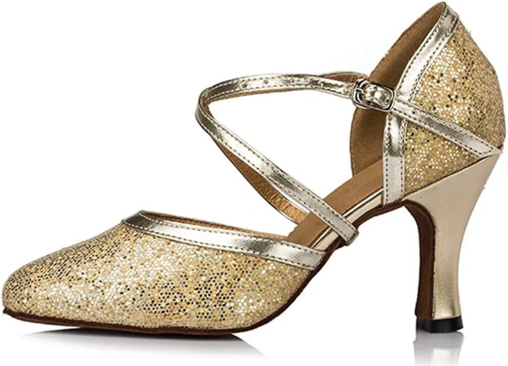 TDA Women's Closed Toe Ankle Strap Glitter Synthetic Tango Latin Modern Dance Wedding Shoes