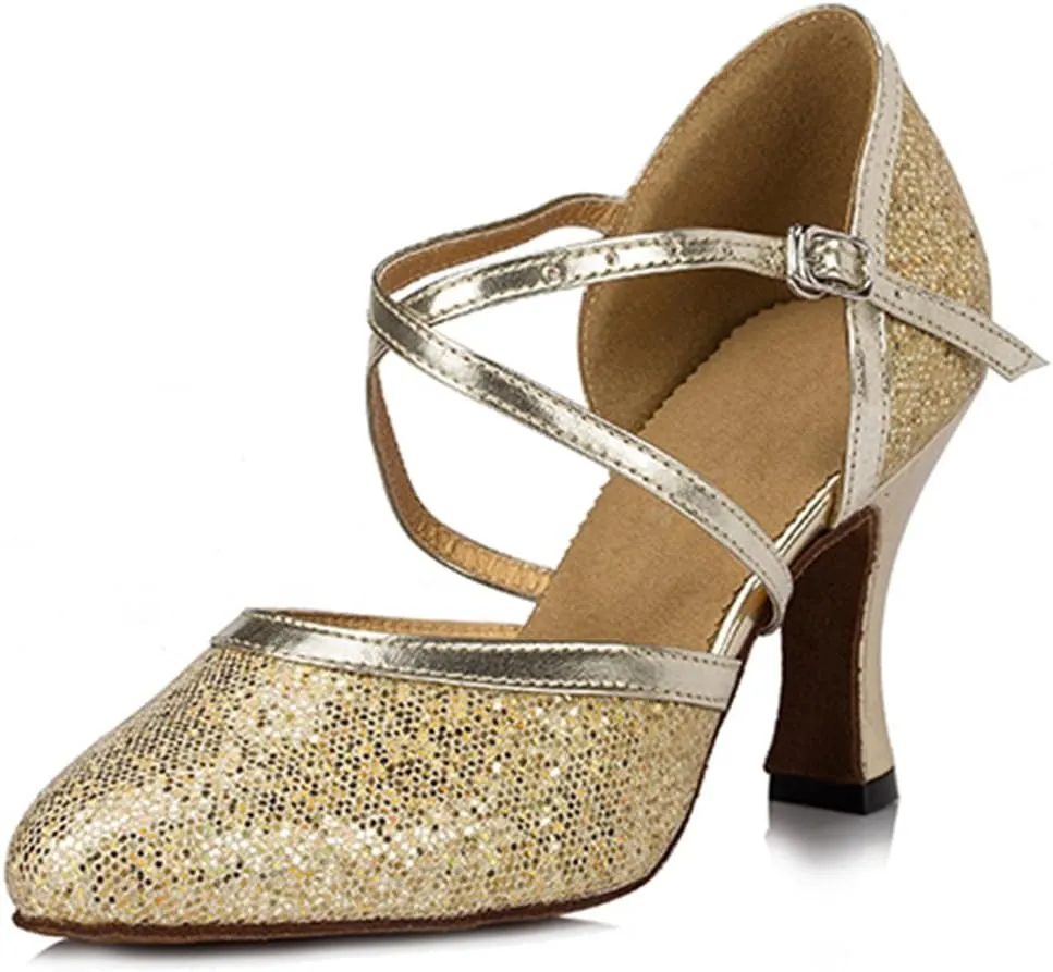 TDA Women's Closed Toe Ankle Strap Glitter Synthetic Tango Latin Modern Dance Wedding Shoes