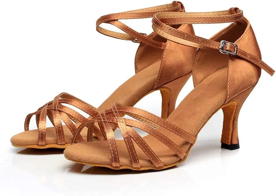 TDA Women's Comfort Flared Heel Peep Toe Weave Style Rumba Samba Salsa Social Ballroom Modern Latin Dance Shoes