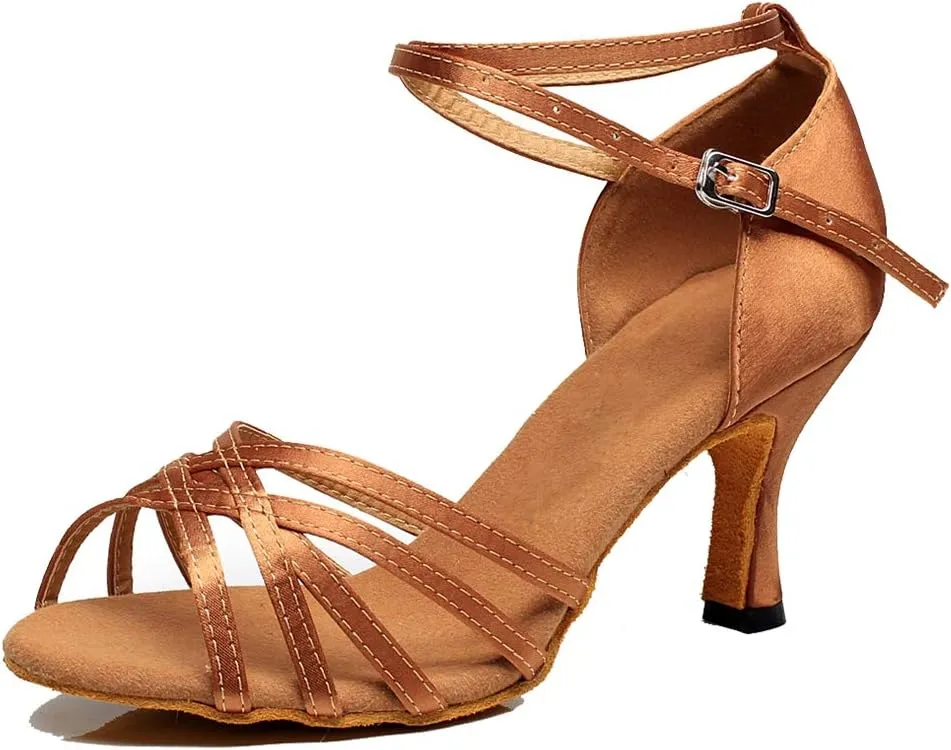 TDA Women's Comfort Flared Heel Peep Toe Weave Style Rumba Samba Salsa Social Ballroom Modern Latin Dance Shoes