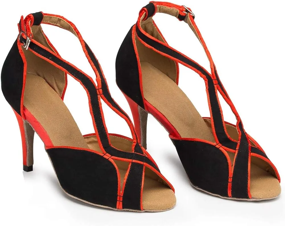 TDA Women's Cross Strap Peep Toe Stiletto Heel Suede Chacha Tango Ballroom Latin Modern Dance Wedding Shoes