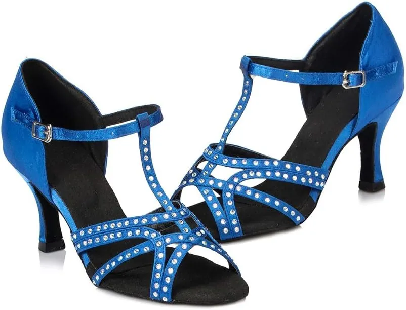 TDA Women's Flared Heel T-Strap Cut-Out Satin Crystals Social Tango Ballroom Latin Modern Dance Shoes