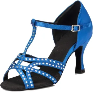 TDA Women's Flared Heel T-Strap Cut-Out Satin Crystals Social Tango Ballroom Latin Modern Dance Shoes
