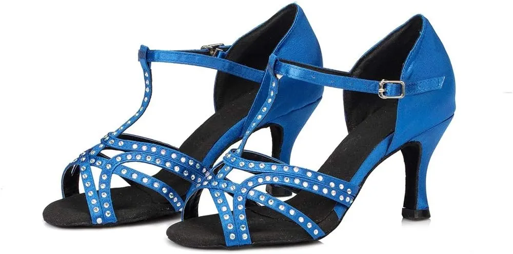 TDA Women's Flared Heel T-Strap Cut-Out Satin Crystals Social Tango Ballroom Latin Modern Dance Shoes