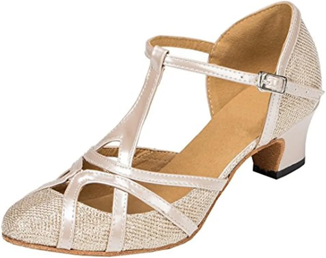 TDA Womens Mid Heel 5cm Champagne PU Leather Salsa Tango Ballroom Latin Party Dance Shoes CM101 4.5 M US