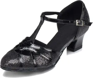 TDA Womens Mid Heel Black PU Leather Salsa Tango Ballroom Latin Party Dance Shoes CM101 6.5 M US