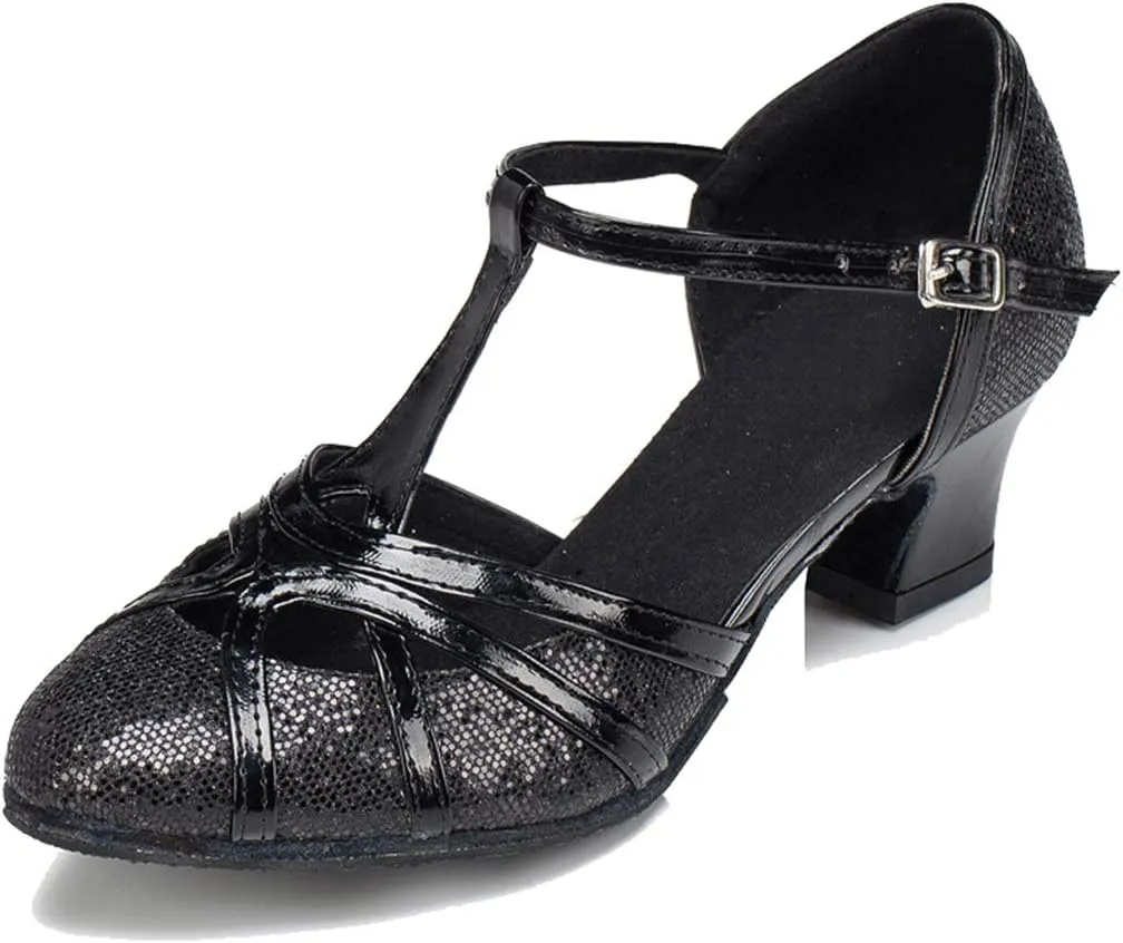 TDA Womens Mid Heel Black PU Leather Salsa Tango Ballroom Latin Party Dance Shoes CM101 6.5 M US