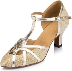 TDA Womens Mid Heel Gold PU Leather Salsa Tango Ballroom Latin Party Dance Shoes CM101 4.5 M US