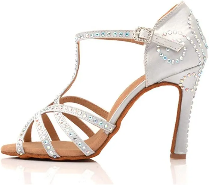 TDA Women's Sexy T-strap Flared Heel Cut-out Rhinestones Salsa Tango Latin Modern Dance Shoes