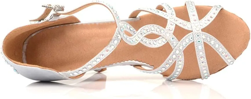 TDA Women's Sexy T-strap Flared Heel Cut-out Rhinestones Salsa Tango Latin Modern Dance Shoes