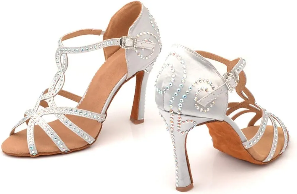 TDA Women's Sexy T-strap Flared Heel Cut-out Rhinestones Salsa Tango Latin Modern Dance Shoes