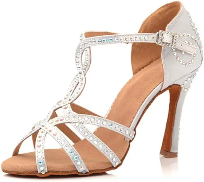 TDA Women's Sexy T-strap Flared Heel Cut-out Rhinestones Salsa Tango Latin Modern Dance Shoes