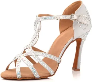 TDA Women's Sexy T-strap Flared Heel Cut-out Rhinestones Salsa Tango Latin Modern Dance Shoes