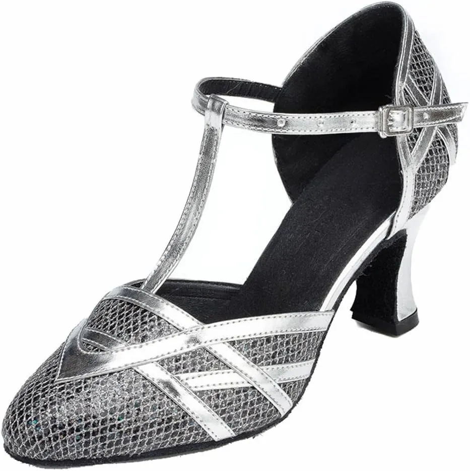 TDA Womens T-Strap Glitter Silver Black Synthetic Salsa Tango Ballroom Latin Party Dance Shoes CM101 5.5 M US