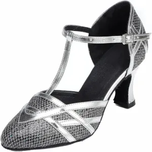 TDA Womens T-Strap Glitter Silver Black Synthetic Salsa Tango Ballroom Latin Party Dance Shoes CM101 5.5 M US