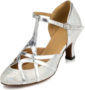 TDA Womens T-Strap Glitter Silver Synthetic Salsa Tango Ballroom Latin Party Dance Shoes CM101 6.5 M US