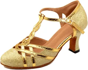 TDA Women's T-Strap Glitter Synthetic Salsa Tango Ballroom Latin Party Dance Shoes 4.5 Gold-7cm Heel