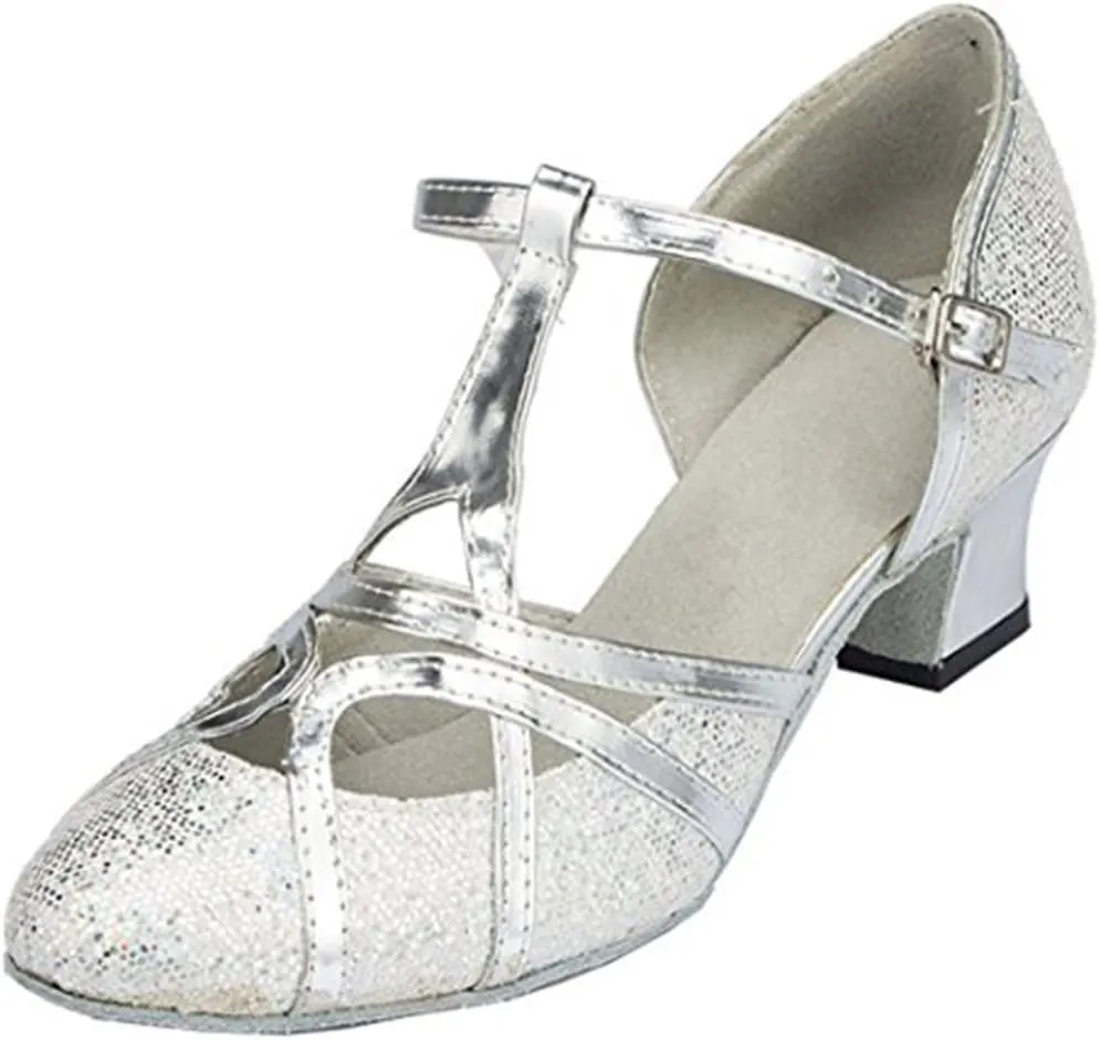 TDA Women's T-Strap Glitter Synthetic Salsa Tango Ballroom Latin Party Dance Shoes 5.5 5cm Glitter Silver